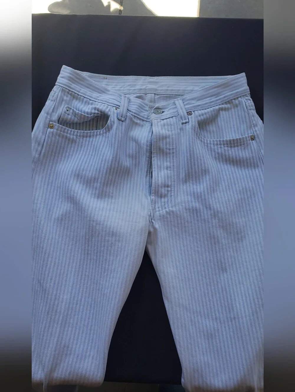 Levi's Men's Light Blue & White Striped Straight Jeans 30Wx32L